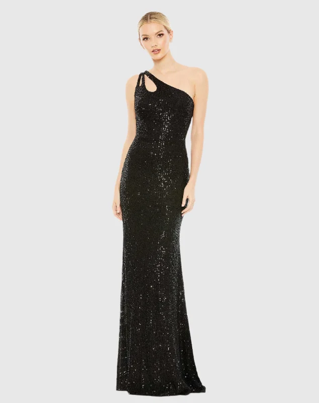 Sequined Strappy One Shoulder Column Gown