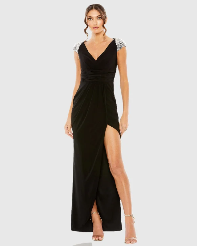 V Neck Embellished Cap Sleeve Faux Wrap Slit Gown