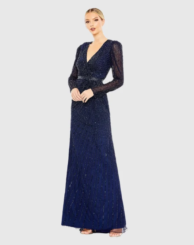 Sequined Wrap Over Long Sleeve Gown