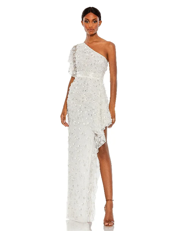 One Shoulder Beaded Embellished Gown with Asymmetrical Hem