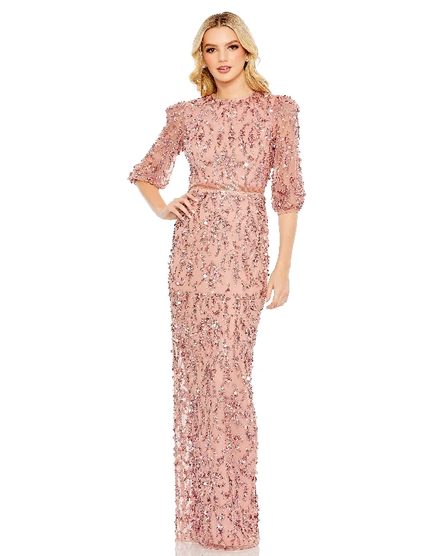 Sequined Elbow Sleeve Gown