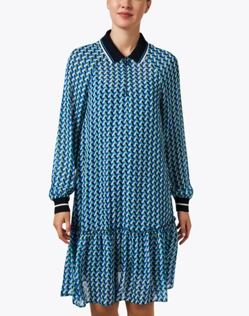 Blue Geometric Print Polo Dress