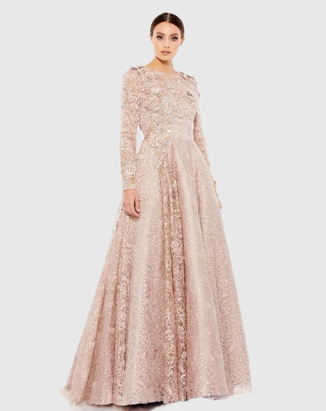 Embellished Illusion Long Sleeve A Line Gown