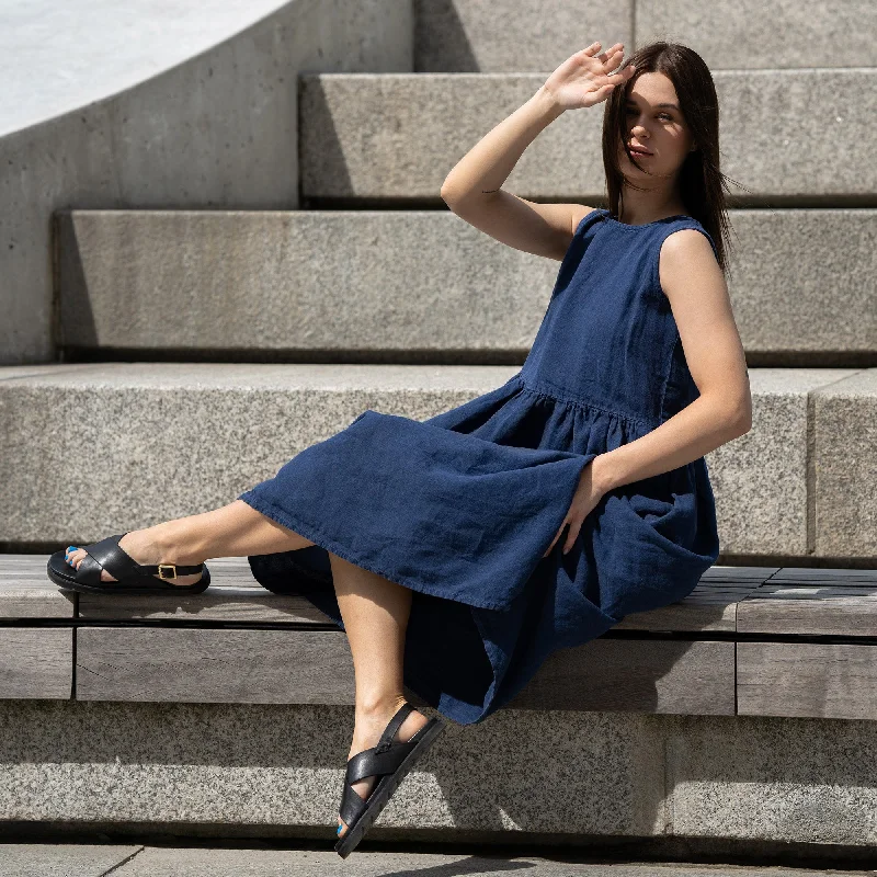 Linen Smock Dress Maya Storm Blue