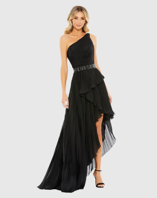 Pleated One Shoulder Asymmetrical Ruffle Hem Gown