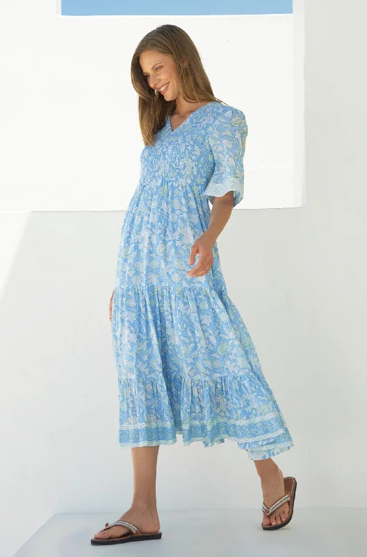 Alisha Block Print Dress | Tea Rose Blue