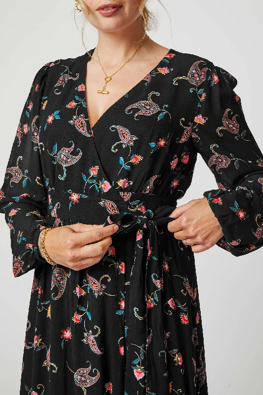 Etti Georgette Wrap Dress | Budding Paisley Black/Pink