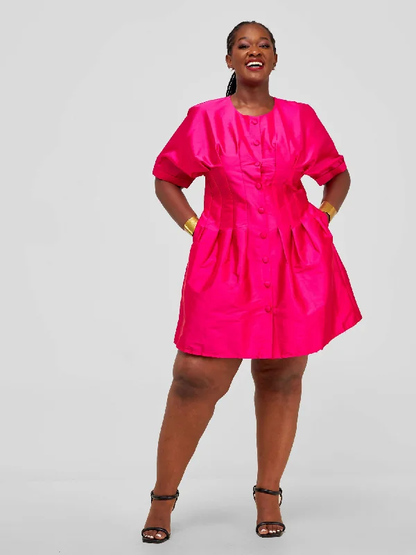 Fauza Design Button Down Silk Skater Dress - Fuschia