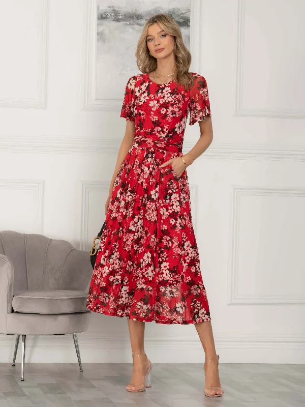 Giana Floral Midi Dress, Red Floral