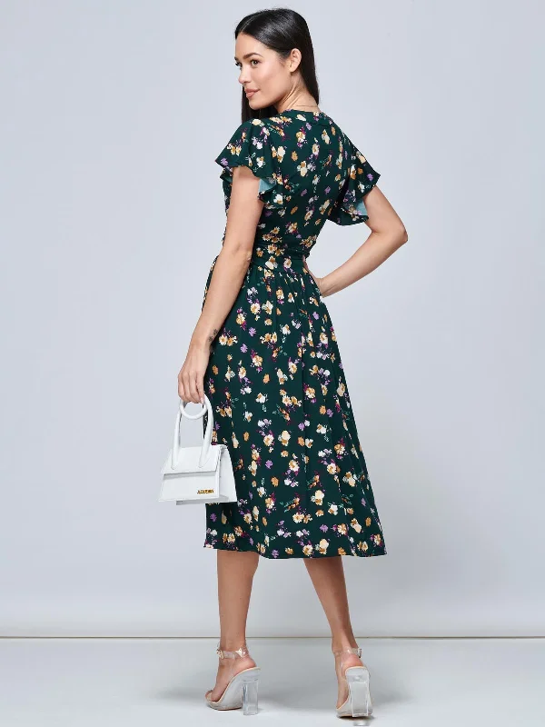 Jolie Moi Beverly Tie Neck Midi Dress, Green Floral