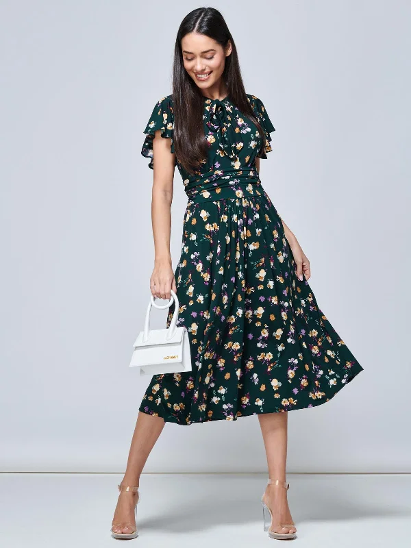 Jolie Moi Beverly Tie Neck Midi Dress, Green Floral