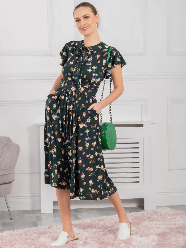 Jolie Moi Beverly Tie Neck Midi Dress, Green Floral