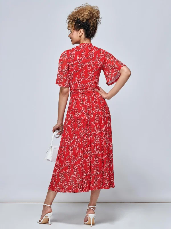 Jolie Moi Carina Key Hole Mesh Midi Dress, Red Floral