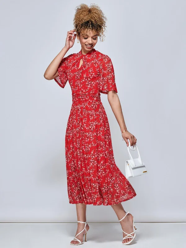 Jolie Moi Carina Key Hole Mesh Midi Dress, Red Floral