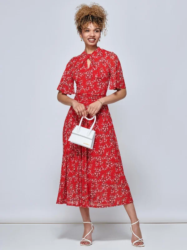 Jolie Moi Carina Key Hole Mesh Midi Dress, Red Floral