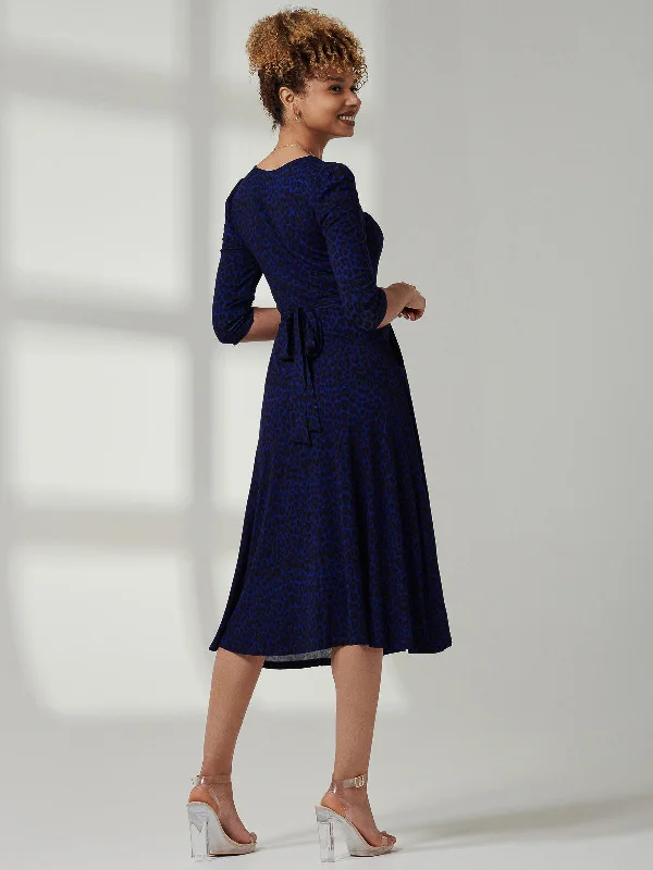 Jolie Moi Delylah V Neck Midi Dress, Blue Leopard