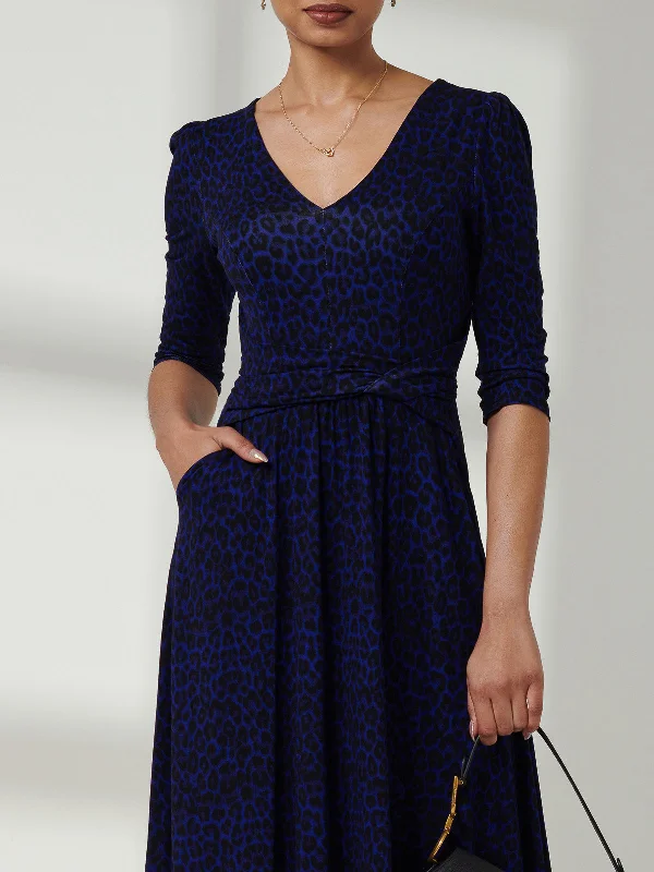 Jolie Moi Delylah V Neck Midi Dress, Blue Leopard