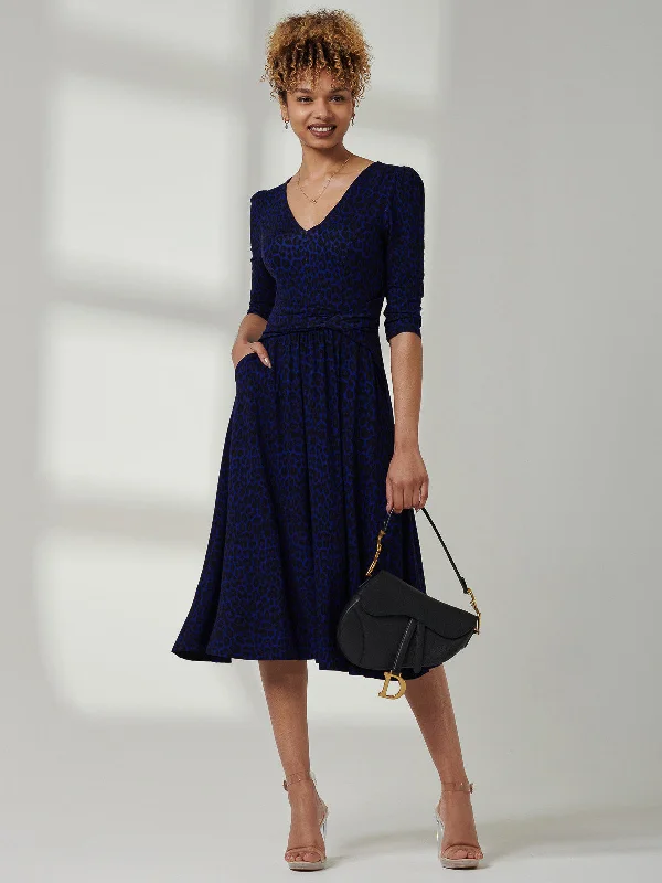 Jolie Moi Delylah V Neck Midi Dress, Blue Leopard