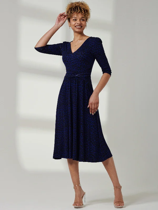 Jolie Moi Delylah V Neck Midi Dress, Blue Leopard