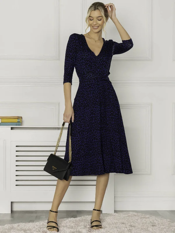 Jolie Moi Delylah V Neck Midi Dress, Blue Leopard