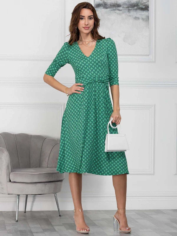 Jolie Moi Delylah V Neck Midi Dress, Green Geo