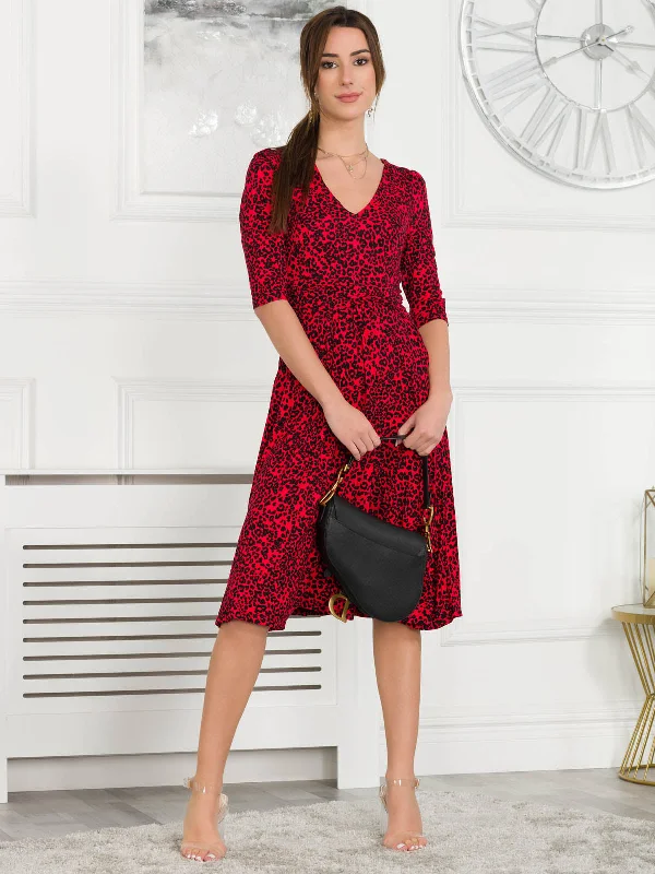 Jolie Moi Delylah V Neck Midi Dress, Red Animal