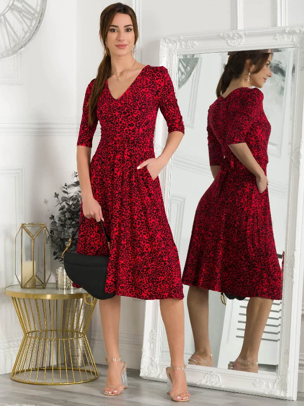 Jolie Moi Delylah V Neck Midi Dress, Red Animal