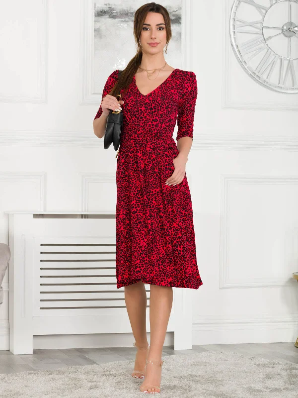 Jolie Moi Delylah V Neck Midi Dress, Red Animal