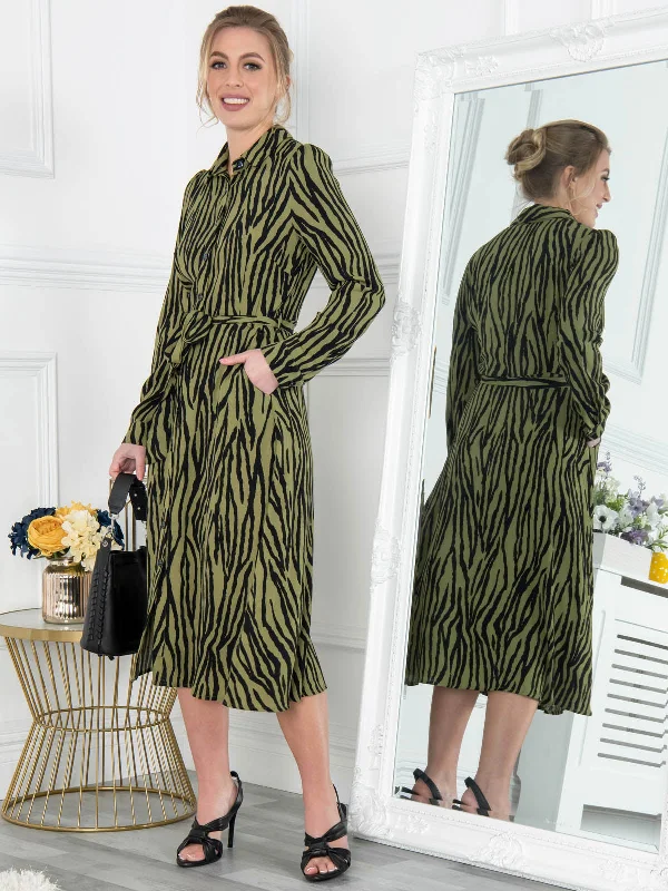 Jolie Moi Shea Viscose Shirt Midi Dress, Green Animal