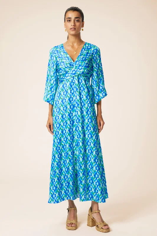 Katriona Satin Dress | Tropical Geo Navy/Turquoise