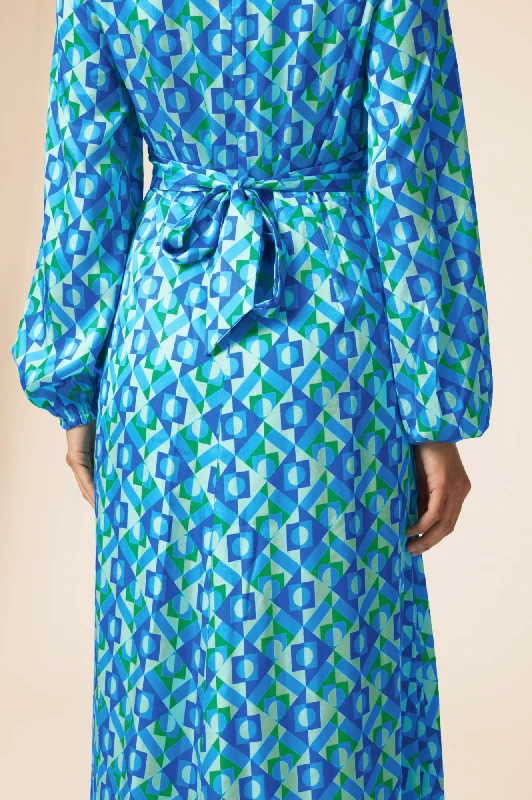 Katriona Satin Dress | Tropical Geo Navy/Turquoise