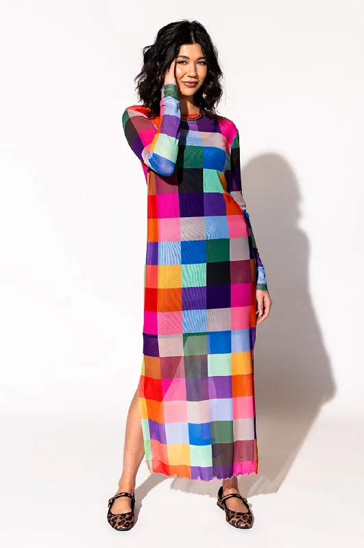 Mad About You Long Sleeve Mesh Dress in Forever Young Check