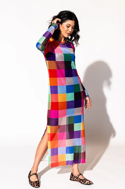 Mad About You Long Sleeve Mesh Dress in Forever Young Check