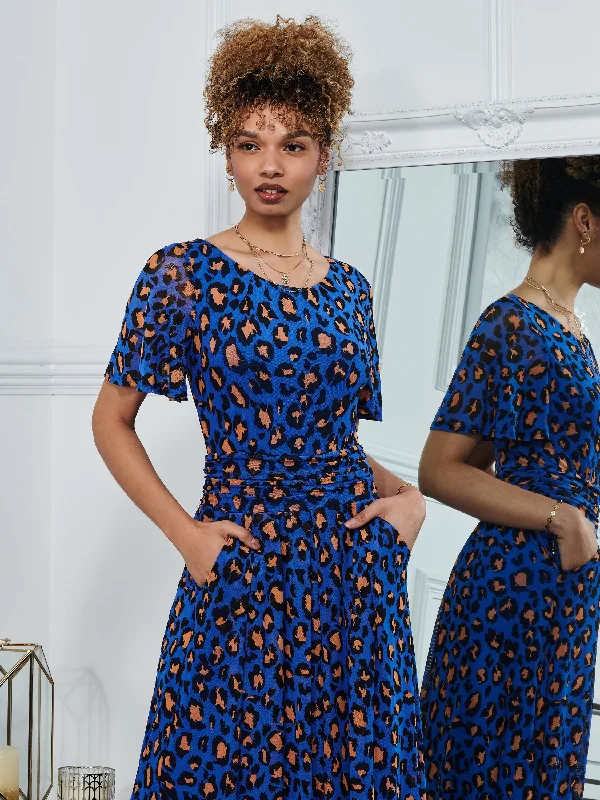 Leopard Mesh Midi Dress, Blue Animal