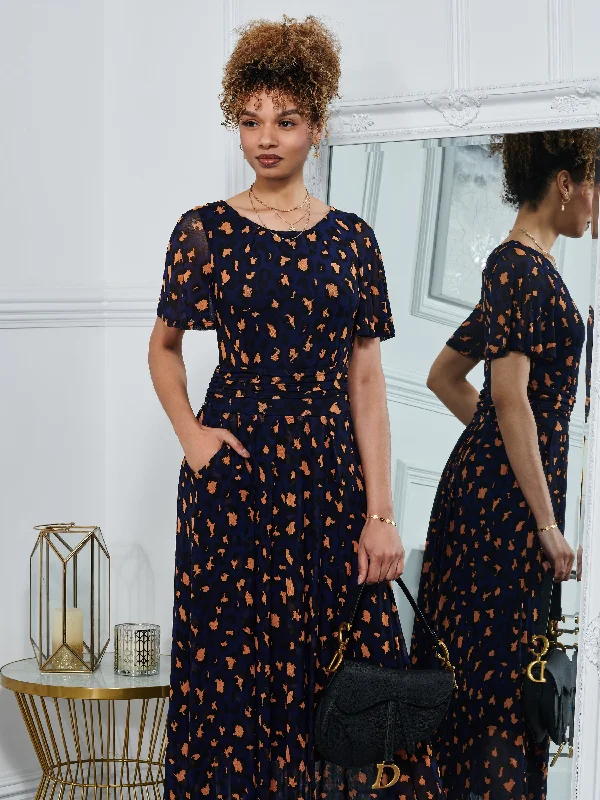 Leopard Mesh Midi Dress, Navy Animal