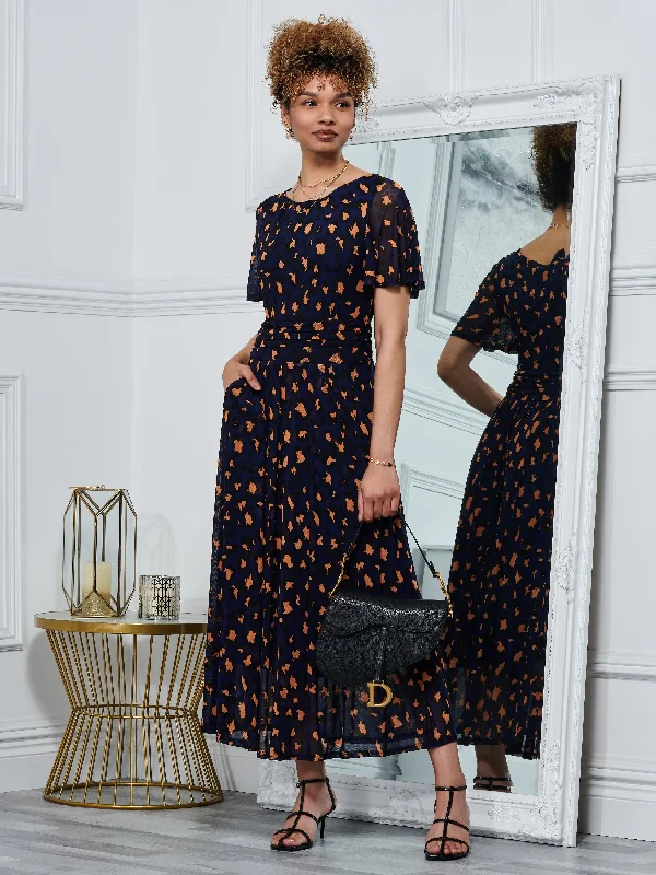 Leopard Mesh Midi Dress, Navy Animal