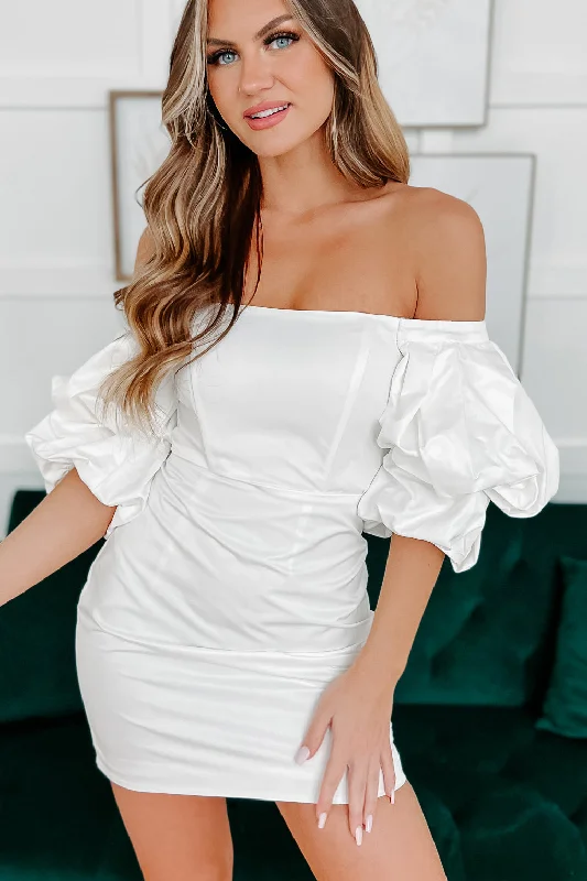 See Me Coming Off The Shoulder Puff Sleeve Mini Dress (Off White)