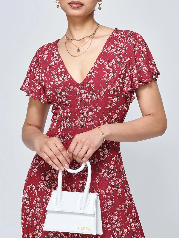 Stacy Floral Print Cross Front Midi Dress, Wine Floral