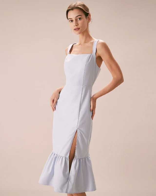 The Light Blue Square Neck Ruffle Midi Dress