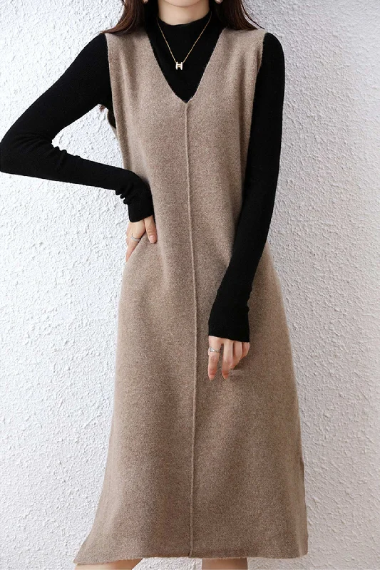 V Neck Solid Color Wool Tank Dress