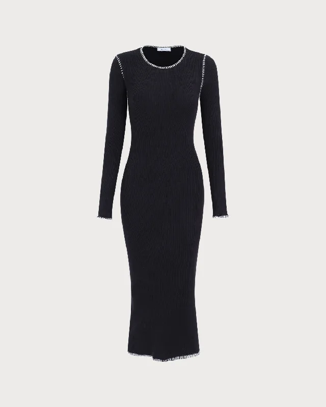 Women's Black Contrasting Ribbed Sweater Midi Dress