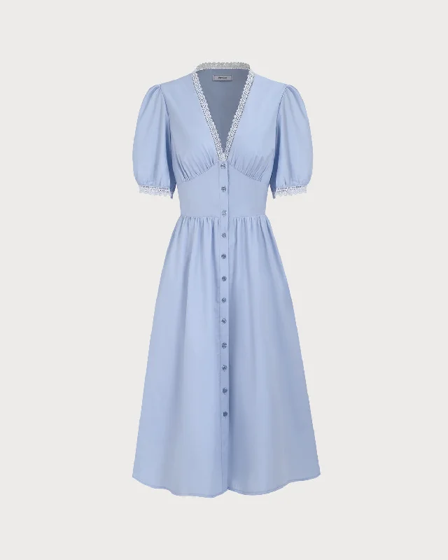 Women's Blue V-Neck Puffed Sleeve Midi Dress