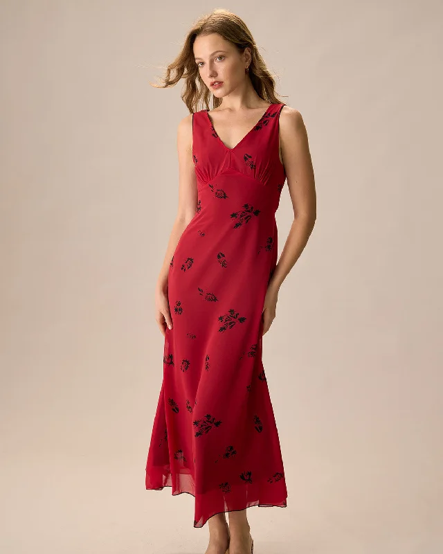 Women's Red Sleeveless Floral Midi Dress