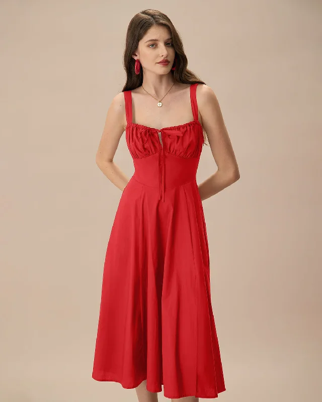 Women's Red Square Neck Ruched Slip Midi Dress