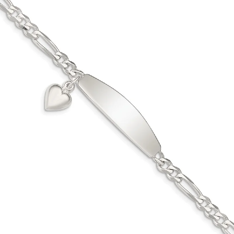 9mm Sterling Silver Heart Charm Figaro Link I.D. Bracelet, 7 Inch