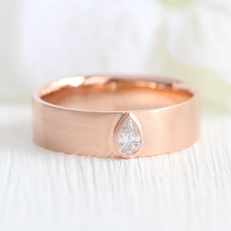 Bezel Set Pear Diamond Ring in Solid Gold Wide Wedding Band