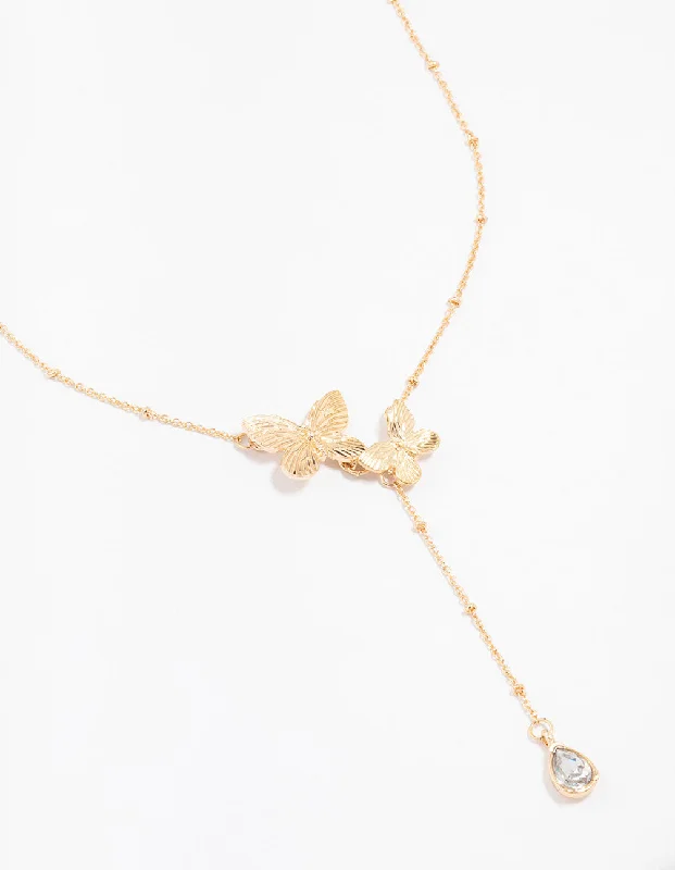 Gold Double Butterfly Y-Necklace