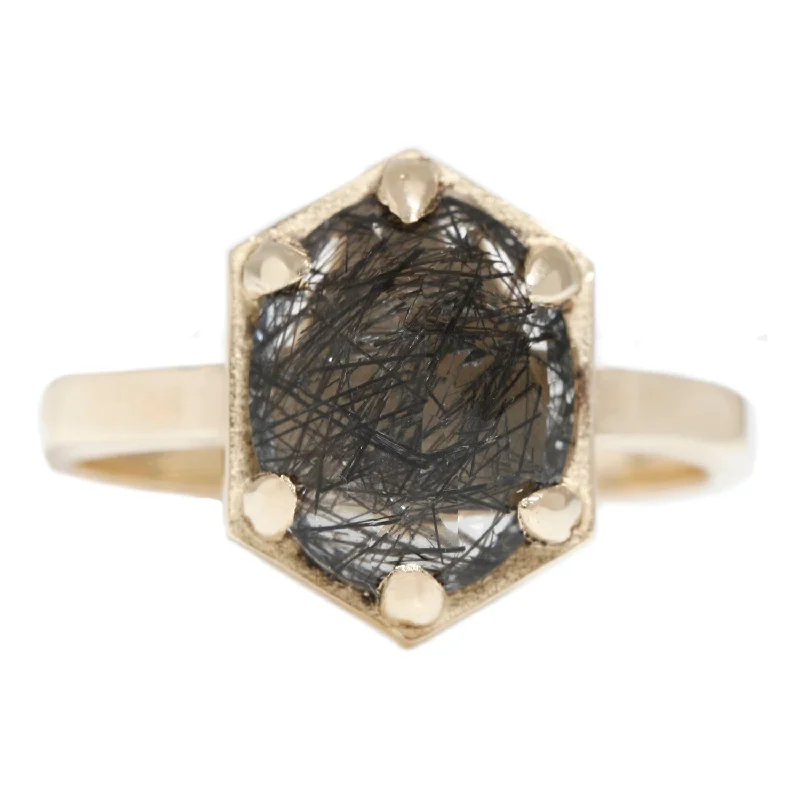 Black Tourmalated Hexagon Quartz Ring