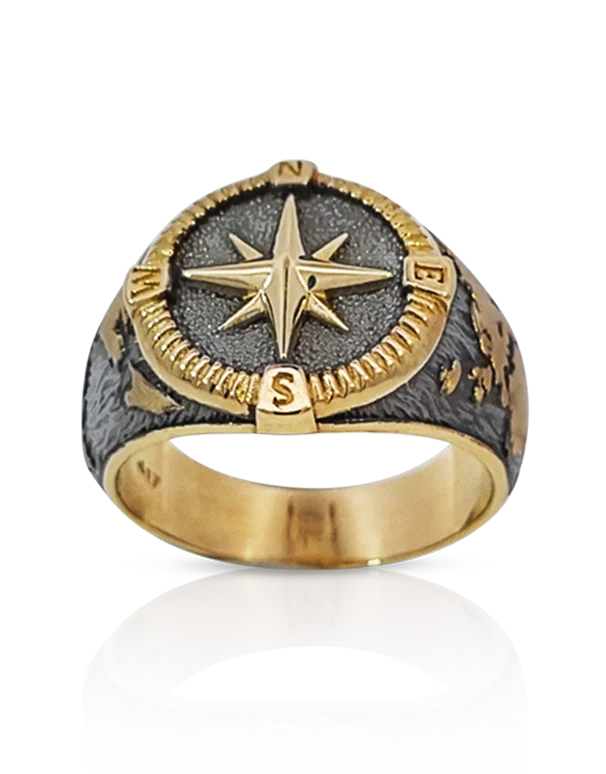 Men's Ring - 10ct Yellow Gold Black Rhodium Compass Ring - 786767