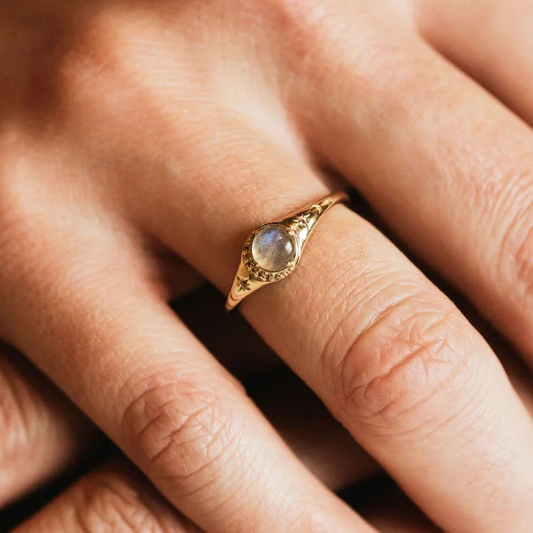 Solid Gold Lunar Labradorite Signet Ring